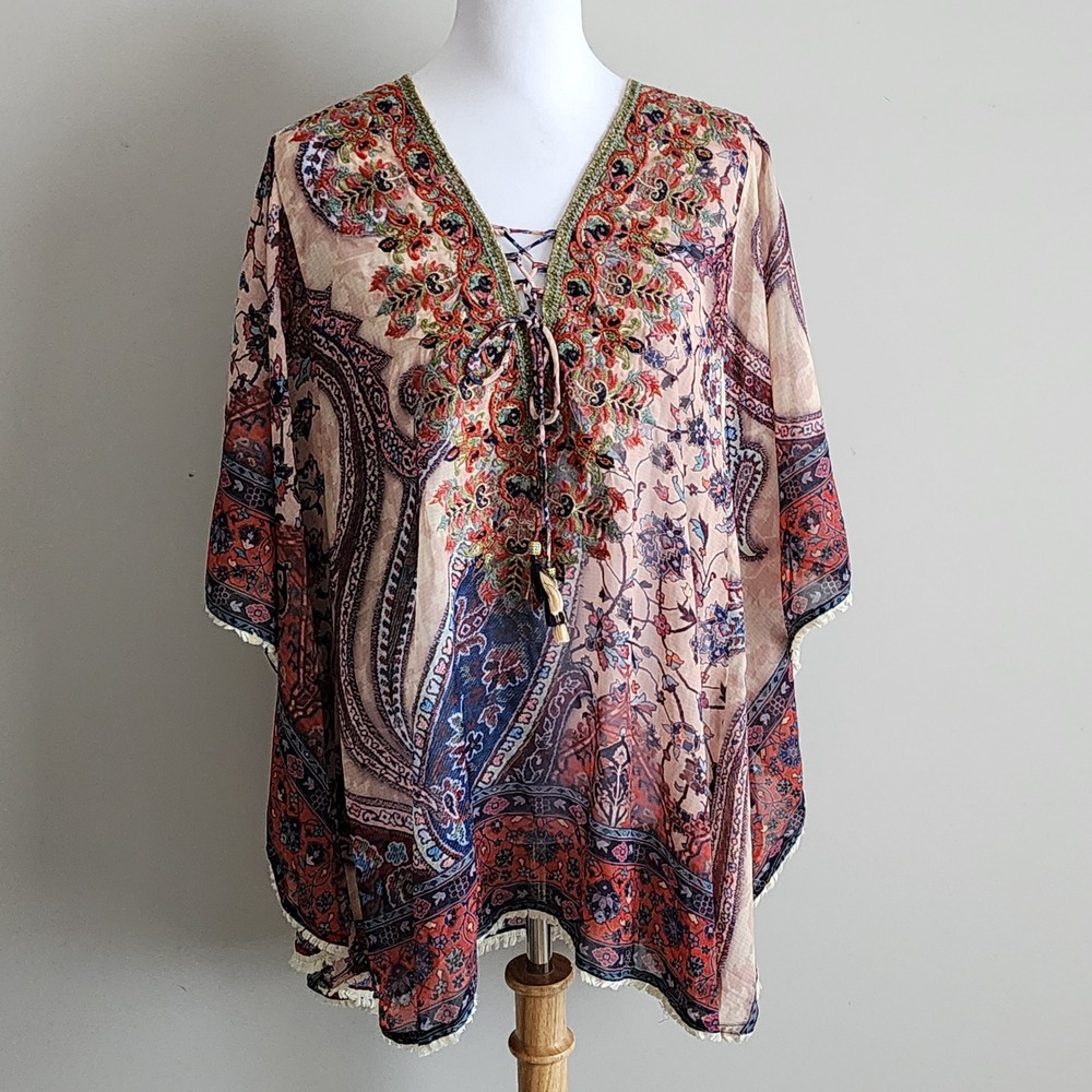 Paisley Poncho Top Womens M/L Pink Embroidered Lace Up Boho Sheer Resort Travel